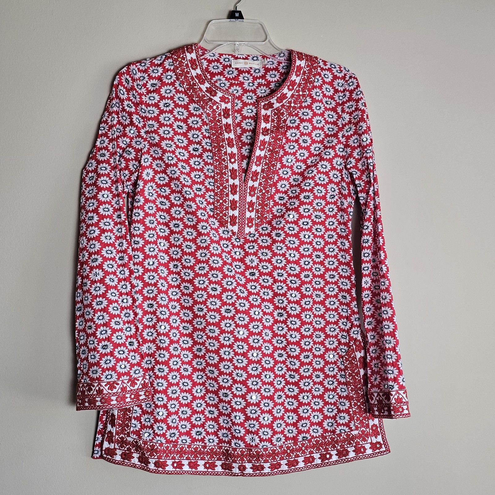 Tory Burch Jayne Nantucket Red Daisy Floral Embroidered Cotton Tunic Womens Sz 2